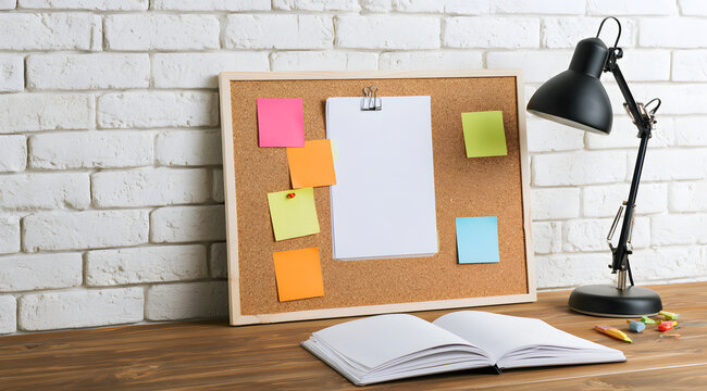 A corkboard adorned with colorful sticky notes and papers sits next to a wooden desk, near a lamp and an open notebook. The white brick wall serves as the backdrop for this organized workspace, comple