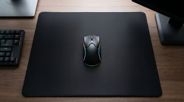 Modern ergonomic computer gaming mouse centered on a large black desk mat with computer peripheral workstation electronic technology hardware accessory