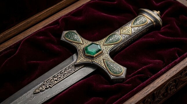 Ornate dagger with emerald in velvet box