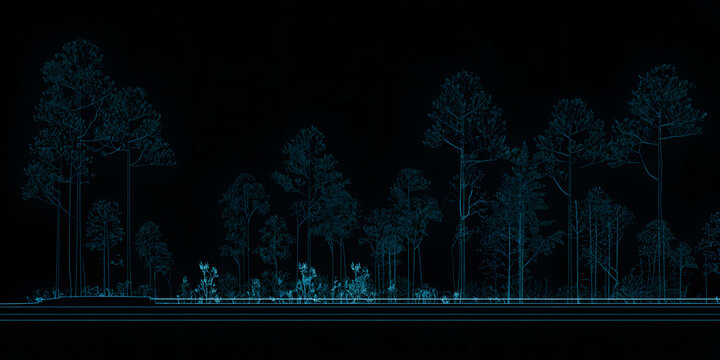 Architectural sketches, a minimalist CAD linear drawing for a tree, side profile, set of sectional views, outline of a wetland forest for landscape design. Separate vector elements for each detail