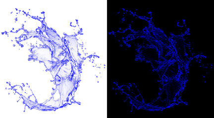 Obraz premium Dynamic blue water splash illustration, liquid wave with droplets on white and black background, fresh splashing water burst for beverage ads