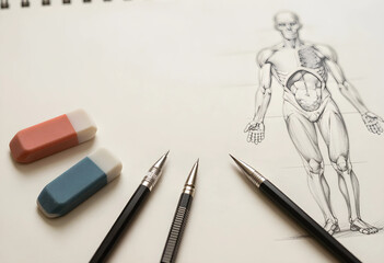 Fototapeta na wymiar Anatomy study and medical illustration, pencil sketch of human body proportions with drafting tools and erasers on paper for education and science design