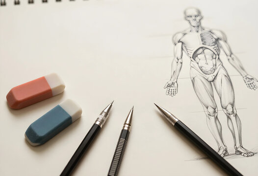 Anatomy study and medical illustration, pencil sketch of human body proportions with drafting tools and erasers on paper for education and science design
