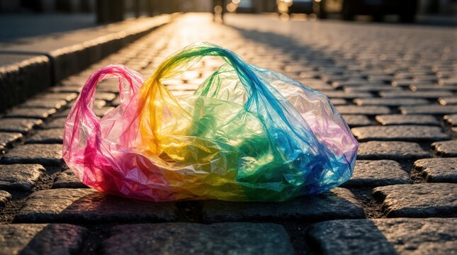 Rainbow colored plastic bag lies on cobblestone street during sunset. Shopping bag waste pollutes urban environment. Single use plastic trash is a global problem.