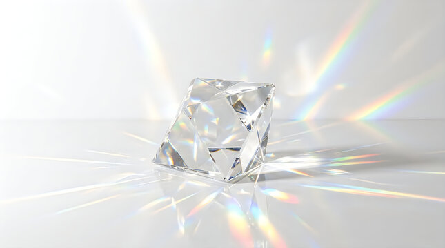 Clear diamond crystal gemstone with bright light reflections and rainbow light rays on a smooth surface