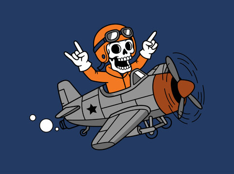 Cartoon skeleton pilot in orange suit flying vintage propeller plane with rock hand signs