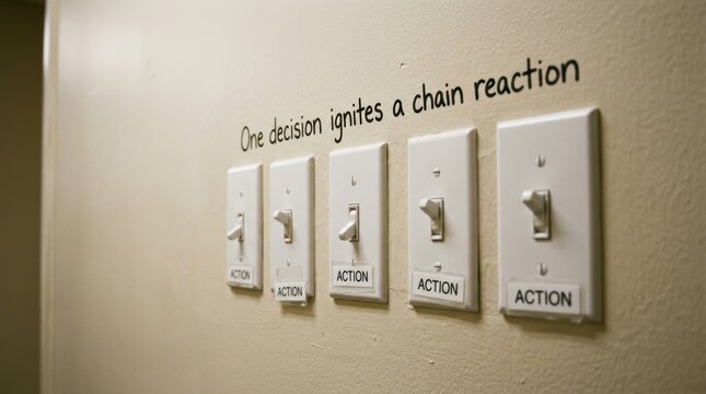 A cinematic widescreen view of five diagonal light switches labeled Action on a beige wall with a chain reaction quote above.