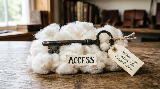 A heavy vintage iron key rests elegantly upon a soft fluffy cloud of white cotton on a rustic wooden table with a message.