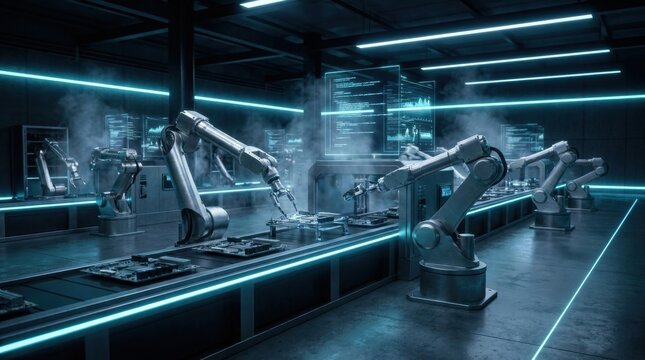 Futuristic robotic arms on an assembly line in a modern factory with neon blue lights.