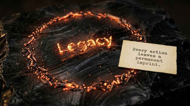 Circular path traced by glowing embers with the word legacy, a conceptual cinematic piece showing a permanent imprint on dark ston