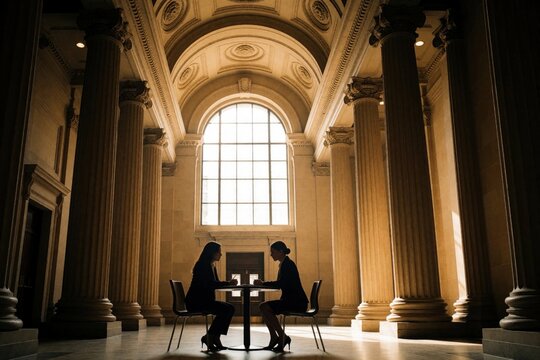 Two women in suits meet at table in grand hall near large window. Business meeting, legal discussion, or consultation takes place inside classical architecture with pillars and natural light.