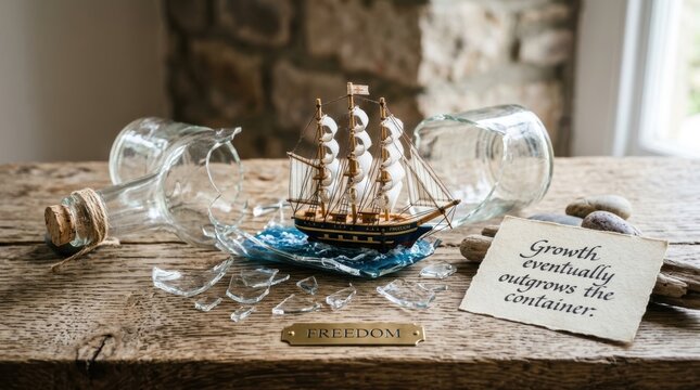 Minimalist view of a ship in a bottle, shattered glass container art with a wooden base, cinematic widescreen conceptual photograp