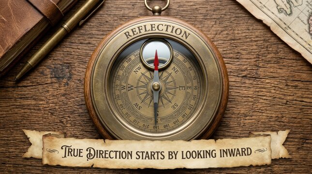 Top down view of a vintage brass compass needle pointing inward on a weathered wooden desk with a scroll and antique map.