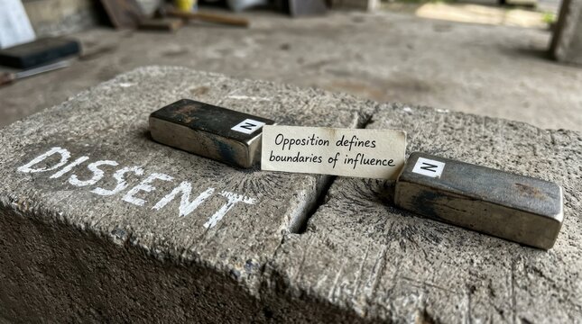 Two magnetic poles repelling each other across a stone block with a note on dissent and influence for scientific concepts.
