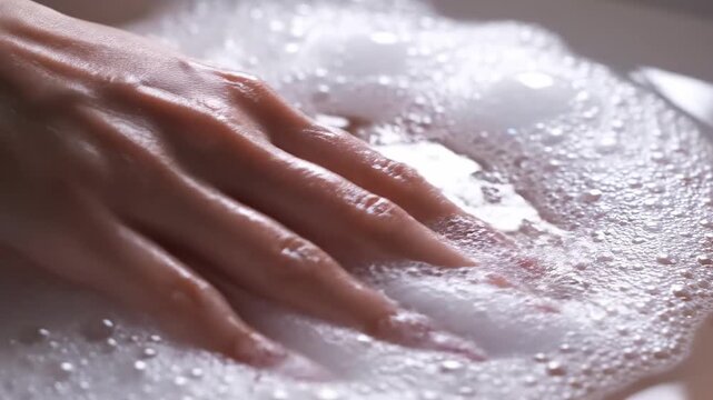 hand smoothly moving over soapy foam surface, closeup of hygiene routine with textured soap and bubbles, detailed shot of person sanitizing hands with fluffy foam and careful motions