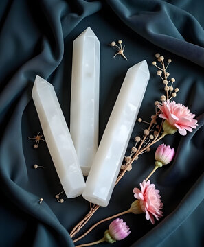 Selenite crystals fan arrangement on dark velvet