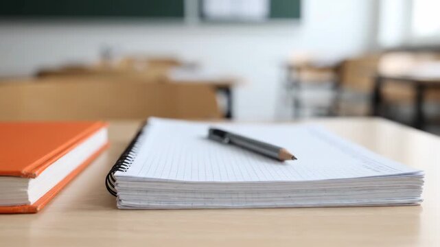 orange book and spiral notebook with pencil on wooden school desk in classroom setting representing study and education