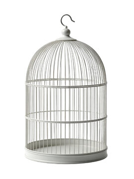 White wire bird cage with a domed top and hook, isolated on transparent background