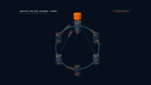 Consistent hash ring diagram showing token partition ring with database replication factor across distributed nodes in a 3D animation