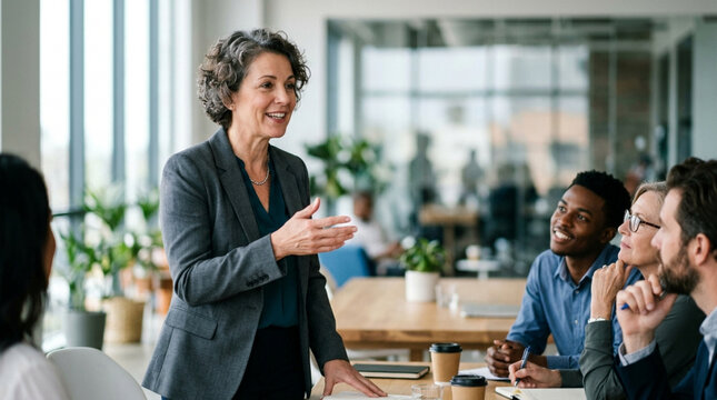 Confident businesswoman leading a diverse team meeting in modern office.