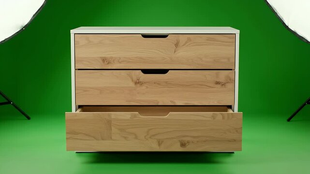 Wooden chest of drawers with an open bottom shelf stands against a bright green screen background.