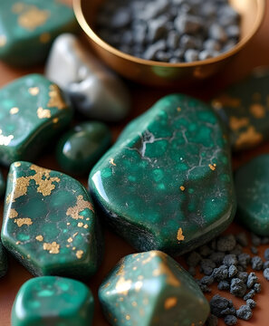 Malachite and Pyrite Stones with Incense Ash Ritual Arrangement