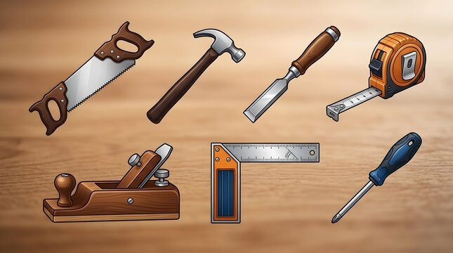 Hand drawn carpentry tools collection on a wooden background