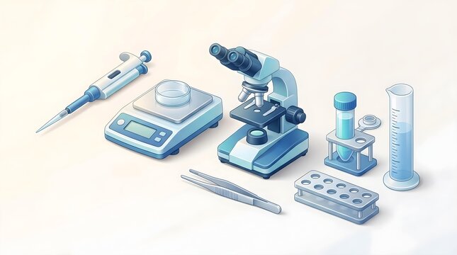 Isometric laboratory equipment set with microscope and scale