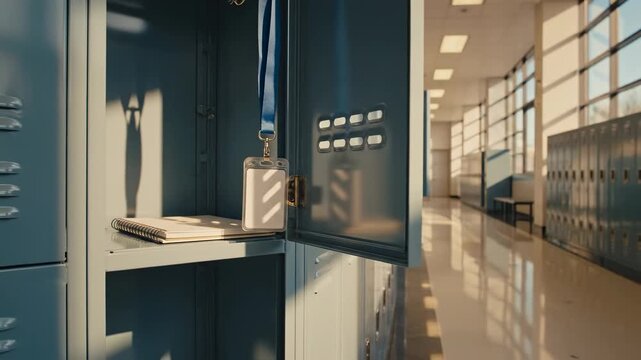 School locker interior with empty ID badge lanyard and spiral notebook inside hallway corridor setting during sunny morning