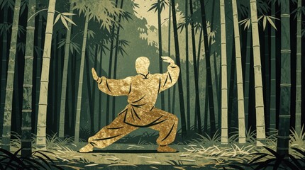 Obraz premium Golden martial arts figure meditates in dense bamboo forest. Man performs slow movement exercise among tall green bamboo stalks. Peaceful nature scene with light filtering through leaves.