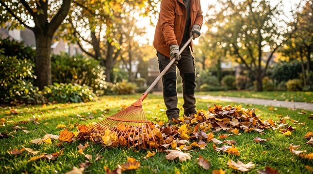 Man raking fallen leaves on a green lawn in an autumn garden near a path by a house
