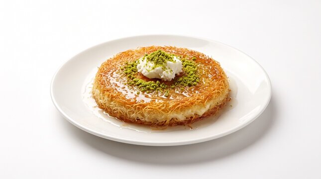 Traditional Turkish dessert kunefe made with cheese and shredded phyllo dough topped with pistachio and clotted cream on a white plate