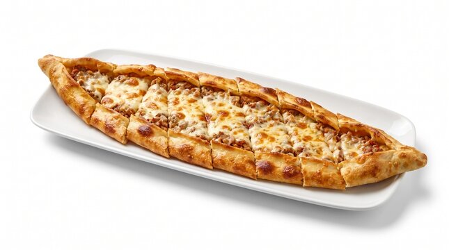 Sliced traditional Turkish pide flatbread topped with minced meat and melted cheese served on a long white platter