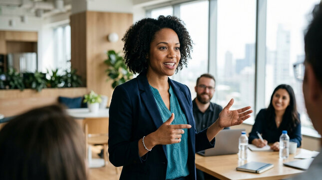 Confident businesswoman leading meeting, diverse team in office