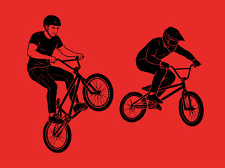 Fototapeta premium Two BMX Riders Performing Stunts on Solid Red Background Vector Illustration