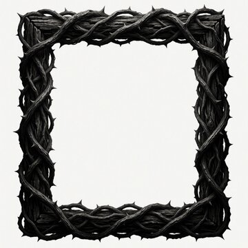 Dark twisted vine frame with sharp thorns. Black woody branches, roots form square border on white background. Gothic nature element for spooky design, halloween decoration fantasy book cover. Sharp