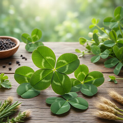 Obraz premium Good luck and fortune concept, four leaf clover on rustic wooden table with natural herbs and grains for prosperity and success in life and business