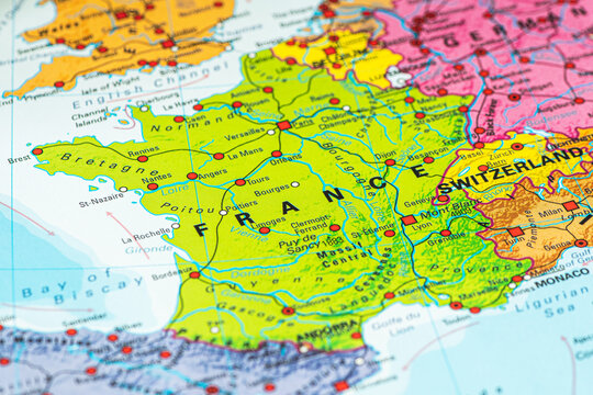 Political map of France and the surrounding regions of Western Europe