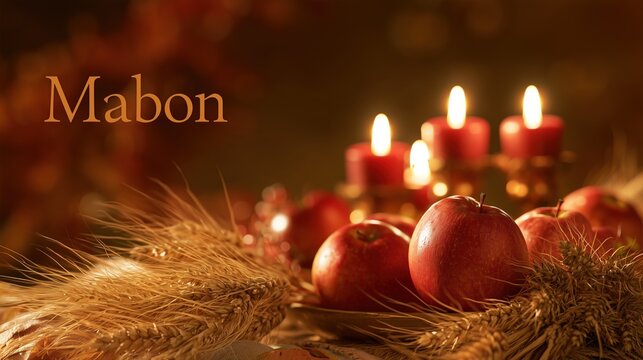 Banner photograph of a Mabon harvest altar with candles, apples and wheat sheaves, the word "Mabon" 