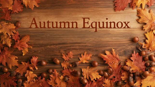 Banner photograph of falling autumn leaves and scattered acorns on a rustic wooden table, the text "Autumn Equinox" rendered in warm brown elegant typography at the top center