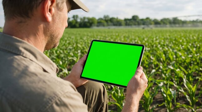 Close up over the shoulder view of a farmer holding a green screen tablet in a cultivated farm field