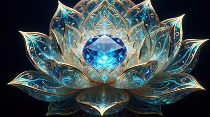Plakat Ornate lotus bloom crafted with intricate gold details and shimmering blue gems. Symmetrical petals unfurl, revealing a radiant central jewel. This artwork evokes serenity and spiritual awakening.