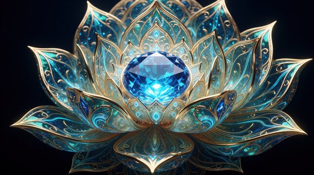 Ornate lotus bloom crafted with intricate gold details and shimmering blue gems. Symmetrical petals unfurl, revealing a radiant central jewel. This artwork evokes serenity and spiritual awakening.