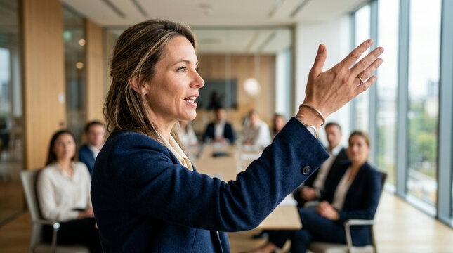 Confident businesswoman leading meeting, gesturing, with colleagues in background