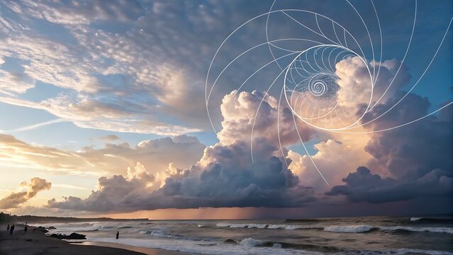 Ocean wave crashing on beach under dramatic sunset sky with golden ratio spiral overlay for science and nature concept.