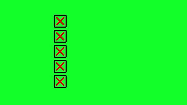 Five multiple choice checklist presentation boxes with crosses icon animation on green background. Red wrong incorrect cross square boxes loop for rejection, evaluation or form completion concepts
