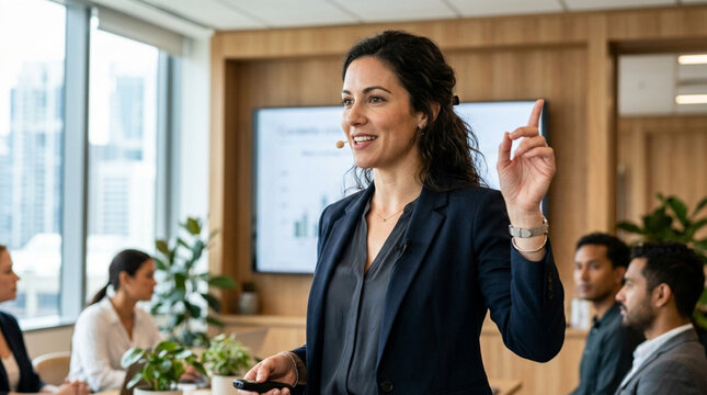 Confident Businesswoman Leading Meeting, Presenting Ideas