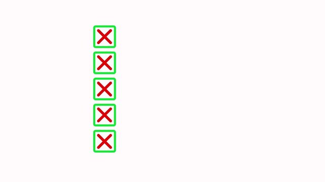 Five multiple choice checklist presentation boxes with crosses icon animation on white background. Red wrong incorrect cross square boxes loop for rejection, evaluation or form completion concepts
