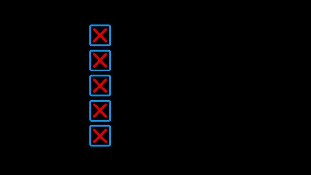 Five multiple choice checklist presentation boxes with crosses icon animation on black background. Red wrong incorrect cross square boxes loop for rejection, evaluation or form completion concepts