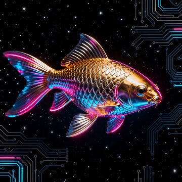 Neon Metallic Goldfish Floating in Starry Circuit Space